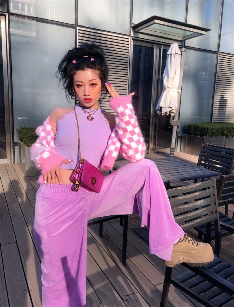 Pink Mink Single-breasted Checkerboard Navel Knitting Cardigan