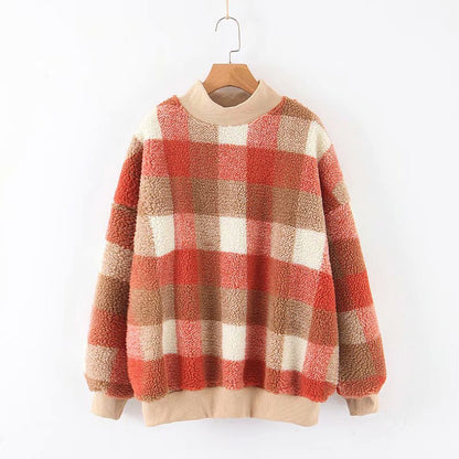 Plaid Lambswool Splicing Lantern Sleeve Hoodies Sweatshirts