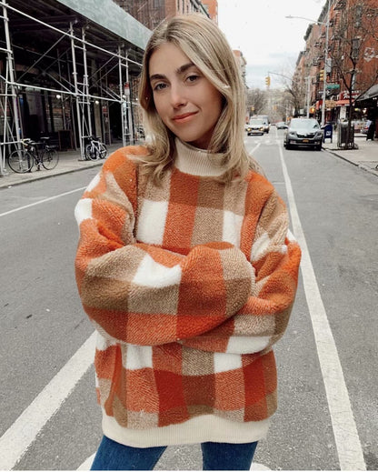 Plaid Lambswool Splicing Lantern Sleeve Hoodies Sweatshirts