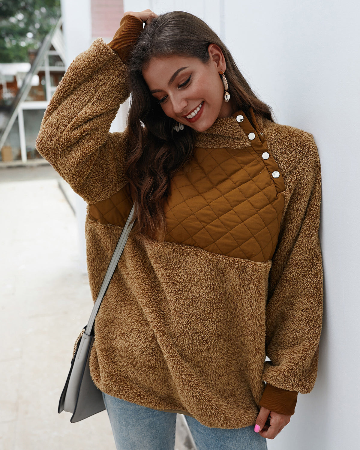 Women's High Collar Oblique Button Sweater Long Sleeve