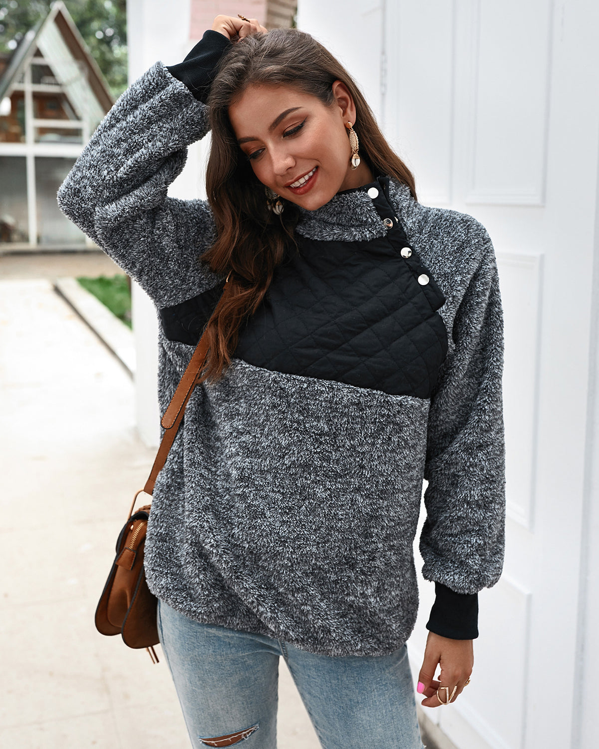 Women's High Collar Oblique Button Sweater Long Sleeve