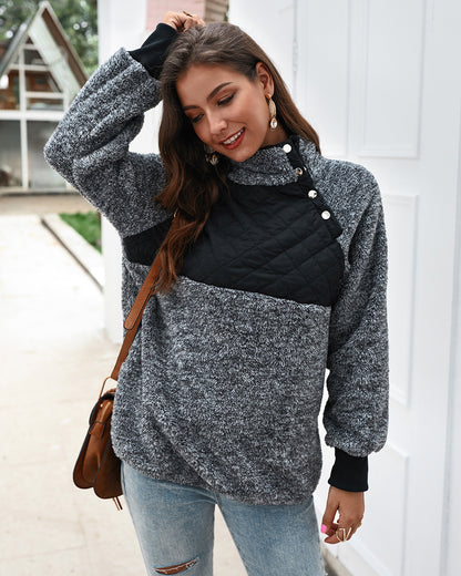 Women's High Collar Oblique Button Sweater Long Sleeve