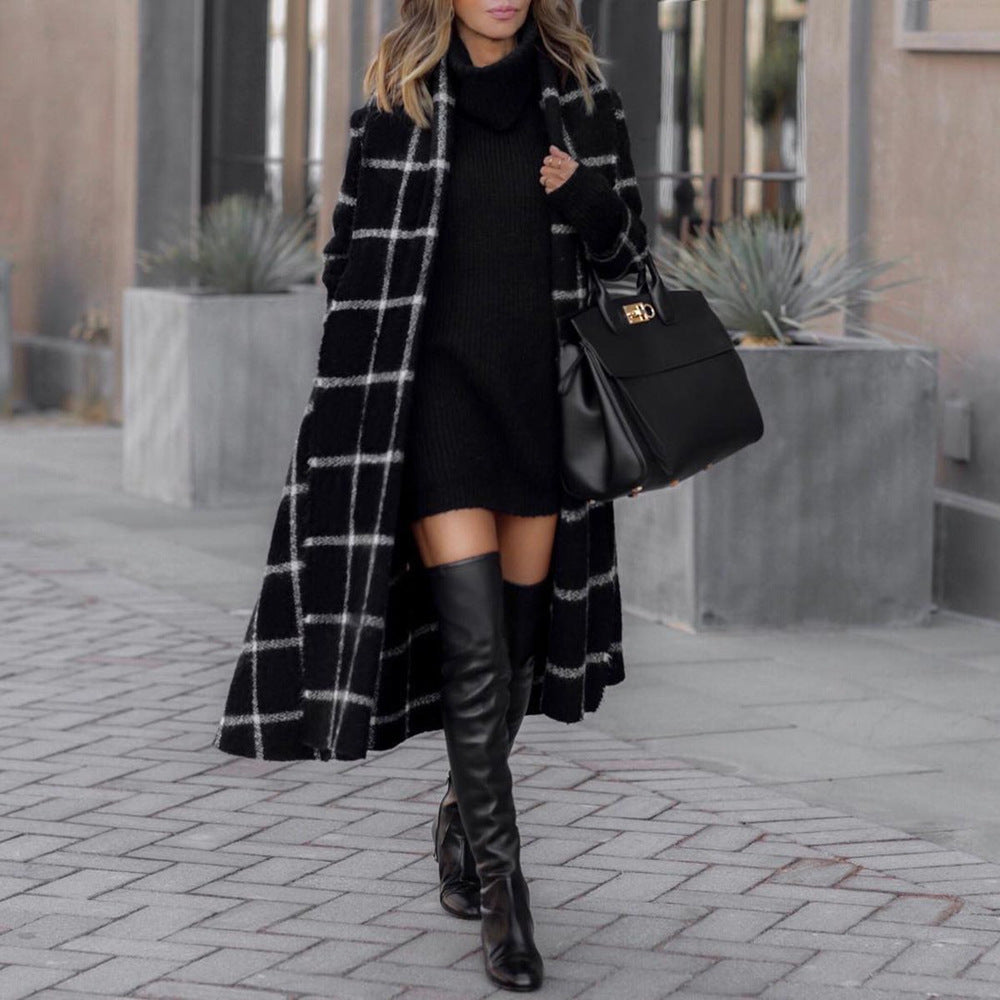 Classic Grid Plaid Hooded Cardigan Strappy Coat Outerwear
