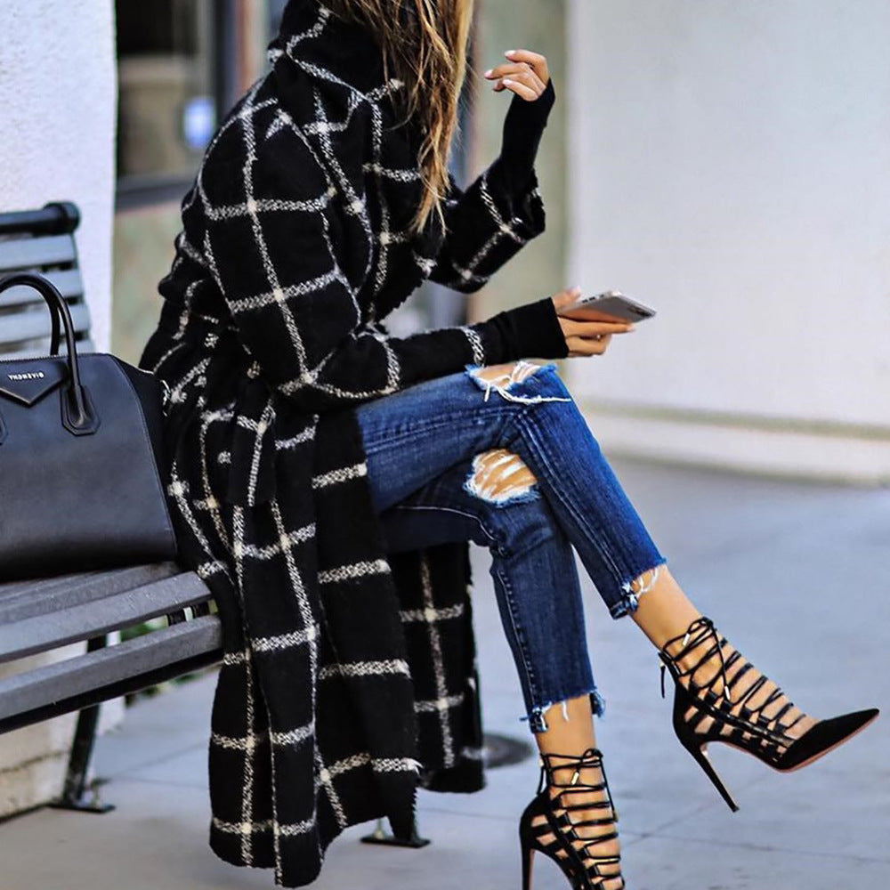 Classic Grid Plaid Hooded Cardigan Strappy Coat Outerwear