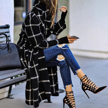 Classic Grid Plaid Hooded Cardigan Strappy Coat Outerwear