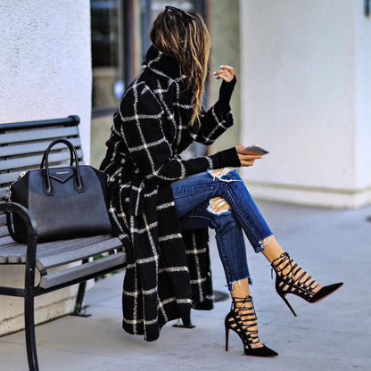 Classic Grid Plaid Hooded Cardigan Strappy Coat Outerwear
