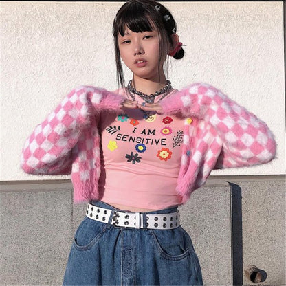 Pink Mink Single-breasted Checkerboard Navel Knitting Cardigan