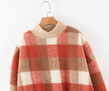 Plaid Lambswool Splicing Lantern Sleeve Hoodies Sweatshirts