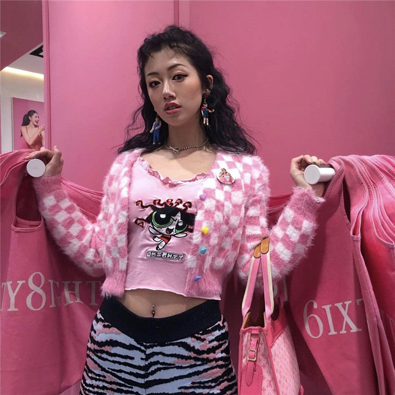 Pink Mink Single-breasted Checkerboard Navel Knitting Cardigan