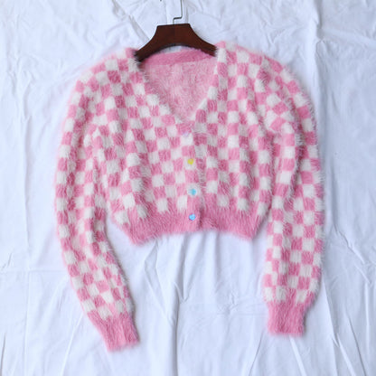 Pink Mink Single-breasted Checkerboard Navel Knitting Cardigan