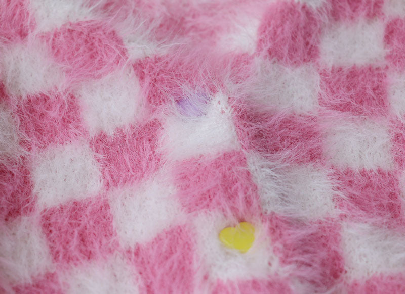 Pink Mink Single-breasted Checkerboard Navel Knitting Cardigan