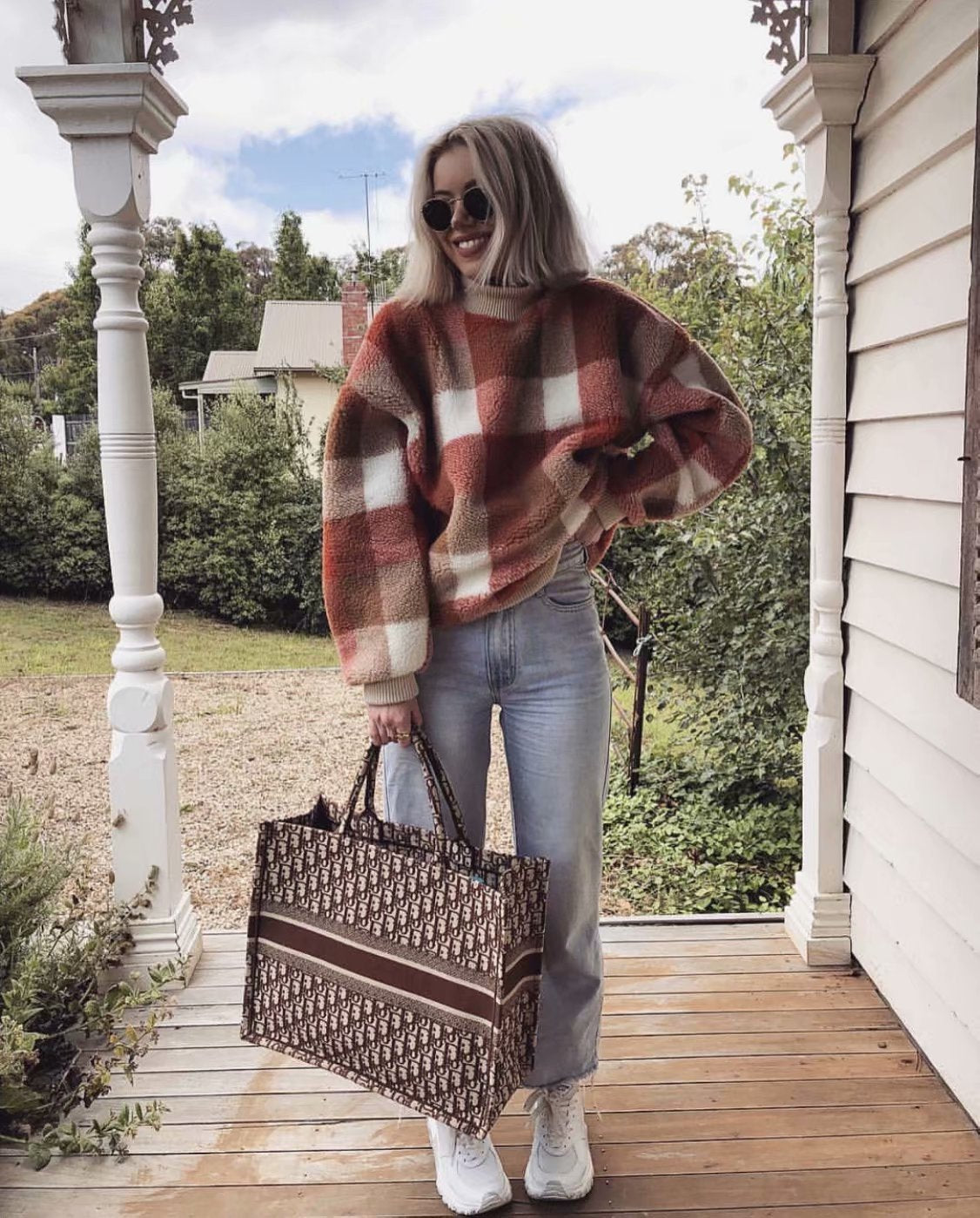 Plaid Lambswool Splicing Lantern Sleeve Hoodies Sweatshirts