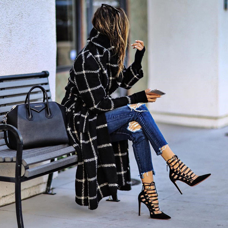 Classic Grid Plaid Hooded Cardigan Strappy Coat Outerwear