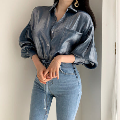 Puff Sleeves Single-breasted Gradient Loose Blouses