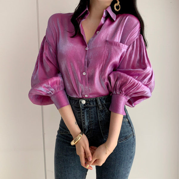 Puff Sleeves Single-breasted Gradient Loose Blouses