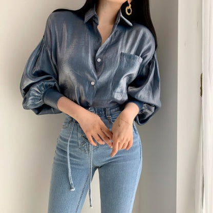 Puff Sleeves Single-breasted Gradient Loose Blouses