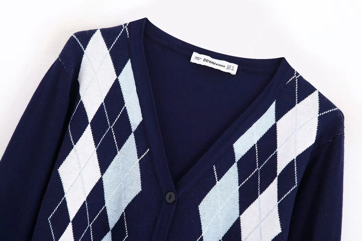 Lozenge Single-breasted Knitting Cardigan Sweaters