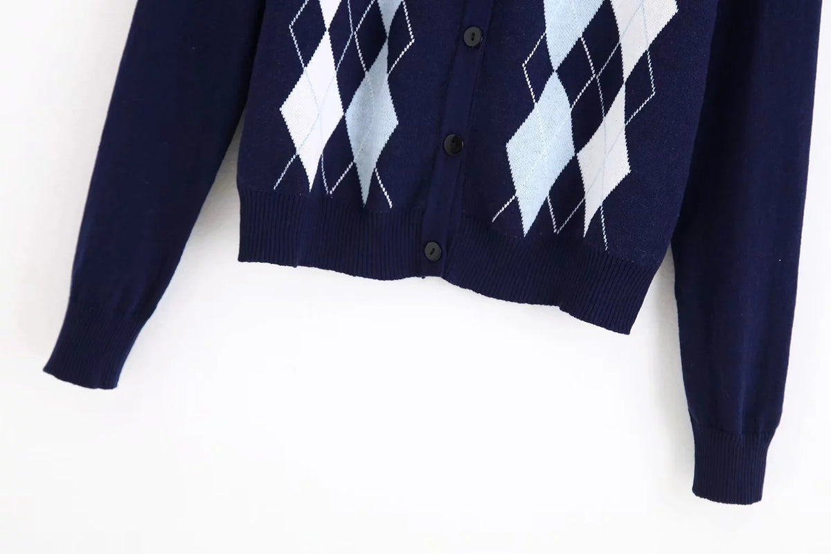 Lozenge Single-breasted Knitting Cardigan Sweaters