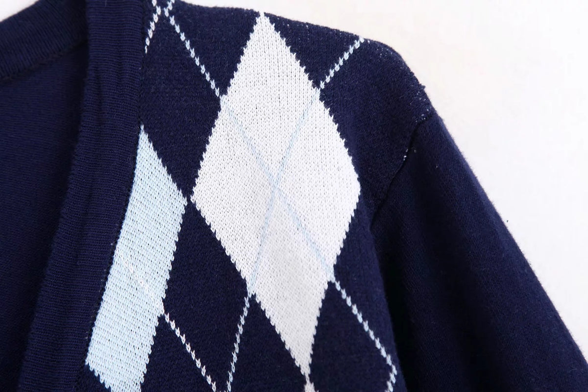 Lozenge Single-breasted Knitting Cardigan Sweaters