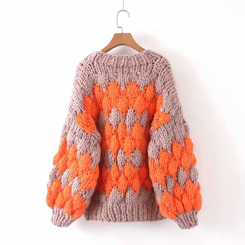 Contrast Lantern Sleeve Argyle Pattern Knit Cardigans