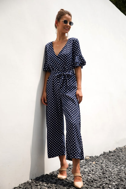 Ruffled Flared Sleeve Polka Dot Lace-up Jumpsuit V-neck Rompers