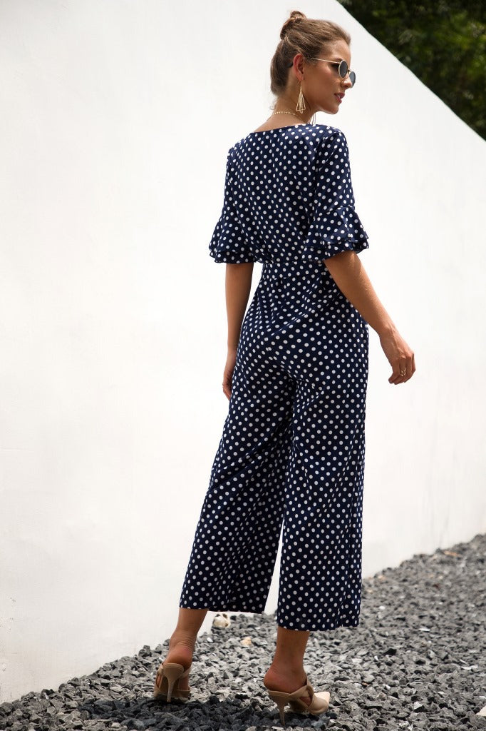 Ruffled Flared Sleeve Polka Dot Lace-up Jumpsuit V-neck Rompers