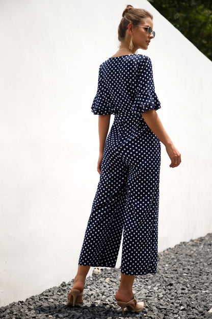 Ruffled Flared Sleeve Polka Dot Lace-up Jumpsuit V-neck Rompers