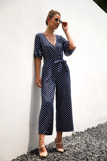 Ruffled Flared Sleeve Polka Dot Lace-up Jumpsuit V-neck Rompers