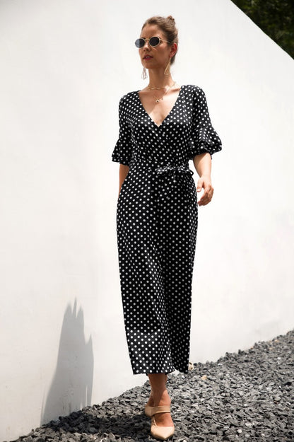 Ruffled Flared Sleeve Polka Dot Lace-up Jumpsuit V-neck Rompers