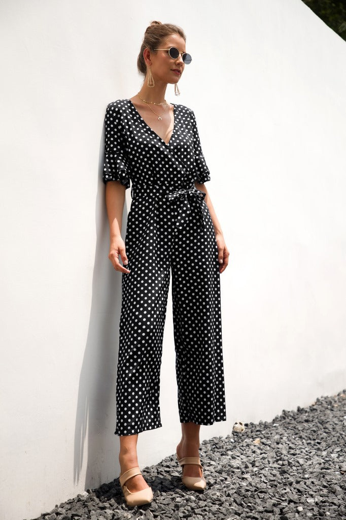 Ruffled Flared Sleeve Polka Dot Lace-up Jumpsuit V-neck Rompers