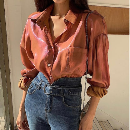 Puff Sleeves Single-breasted Gradient Loose Blouses