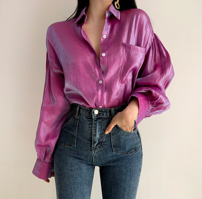 Puff Sleeves Single-breasted Gradient Loose Blouses
