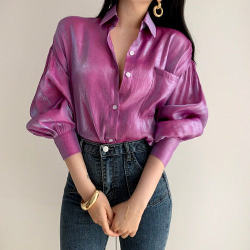 Puff Sleeves Single-breasted Gradient Loose Blouses
