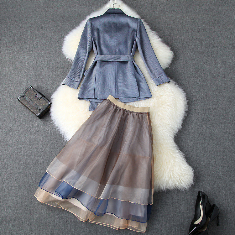 Office Style Bow Bandage Blazers Double Layer Skirt Midi Dress Two-piece Set