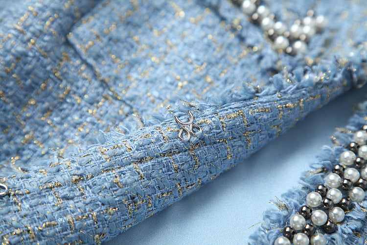 Single-breasted Tweed Blazers Mini A-line Skirt Suit Two-piece Set Blue Apricot