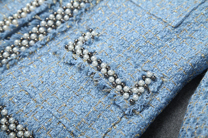 Single-breasted Tweed Blazers Mini A-line Skirt Suit Two-piece Set Blue Apricot