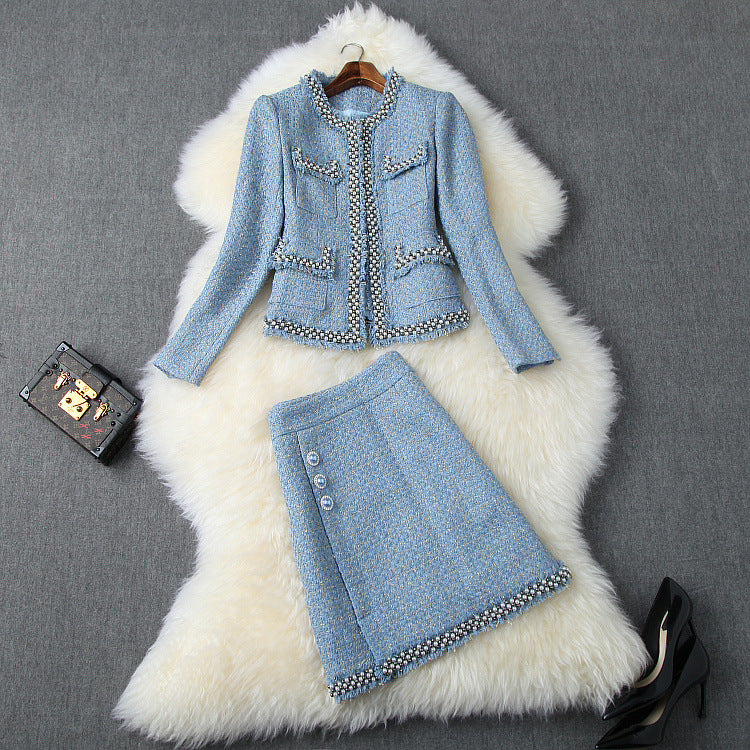 Single-breasted Tweed Blazers Mini A-line Skirt Suit Two-piece Set Blue Apricot