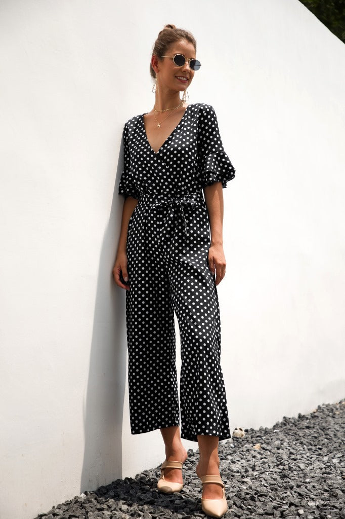 Ruffled Flared Sleeve Polka Dot Lace-up Jumpsuit V-neck Rompers