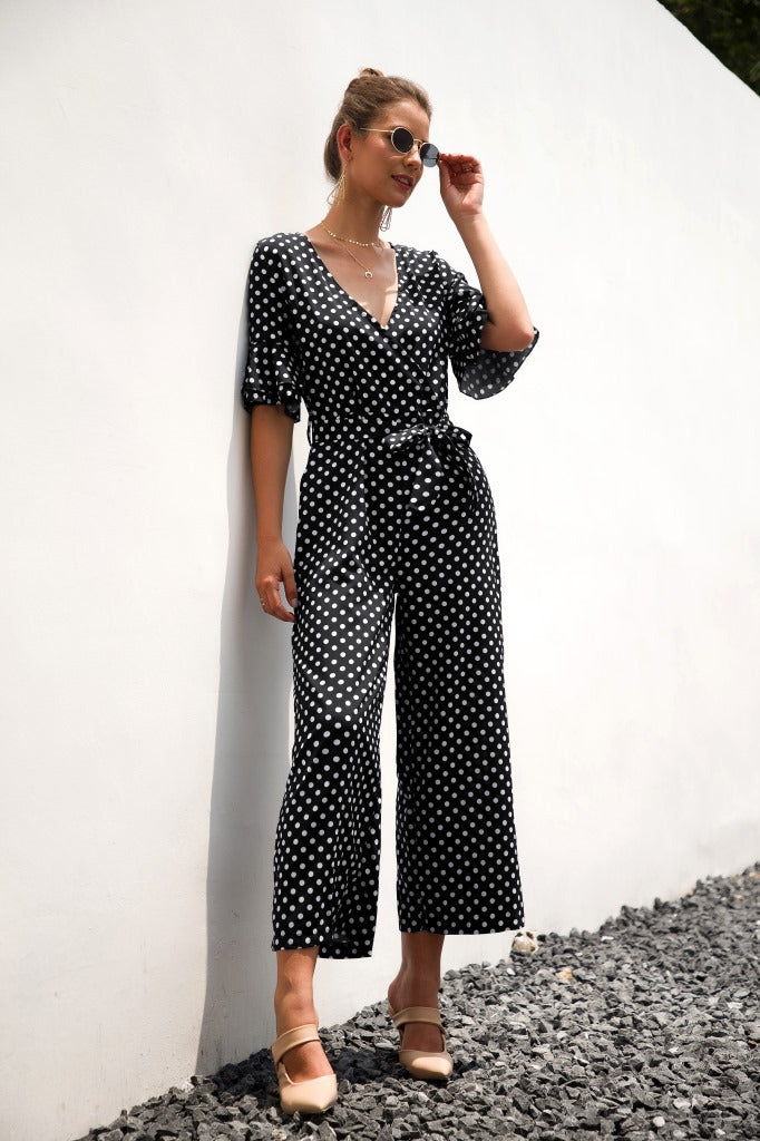 Ruffled Flared Sleeve Polka Dot Lace-up Jumpsuit V-neck Rompers