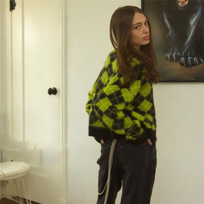 Single-breasted Checkerboard Knitting Short Cardigans