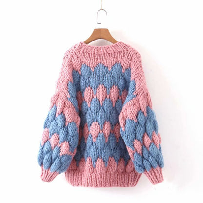 Contrast Lantern Sleeve Argyle Pattern Knit Cardigans