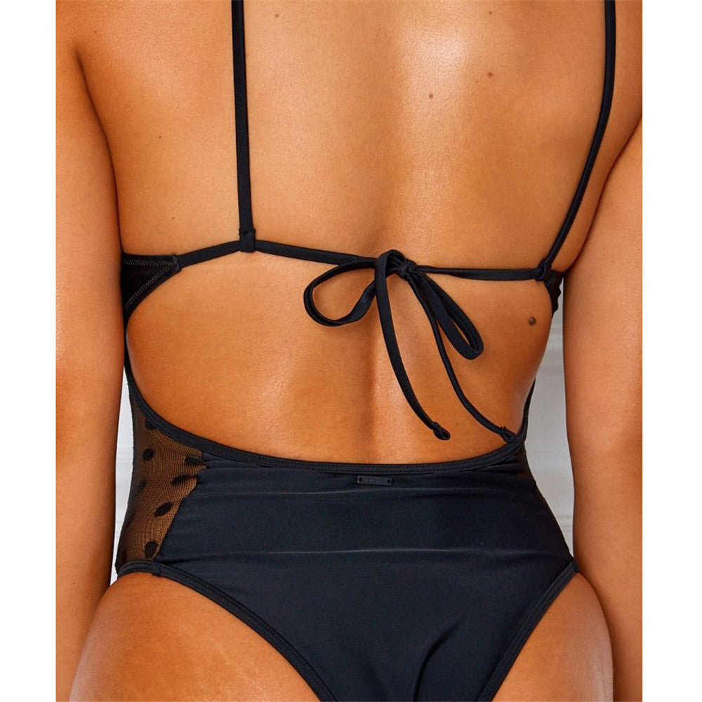 Deep-V Lace-up Bikini Polka Dot Gauze One-piece Swimwear