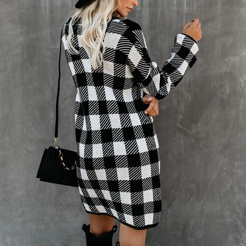 Lantern Sleeve Houndstooth Contrast Mini Dresses