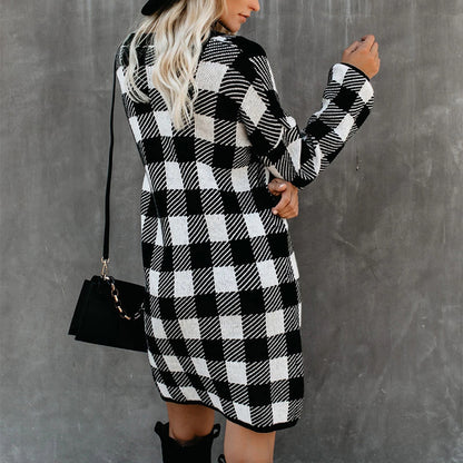Lantern Sleeve Houndstooth Contrast Mini Dresses