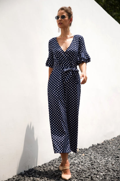 Ruffled Flared Sleeve Polka Dot Lace-up Jumpsuit V-neck Rompers