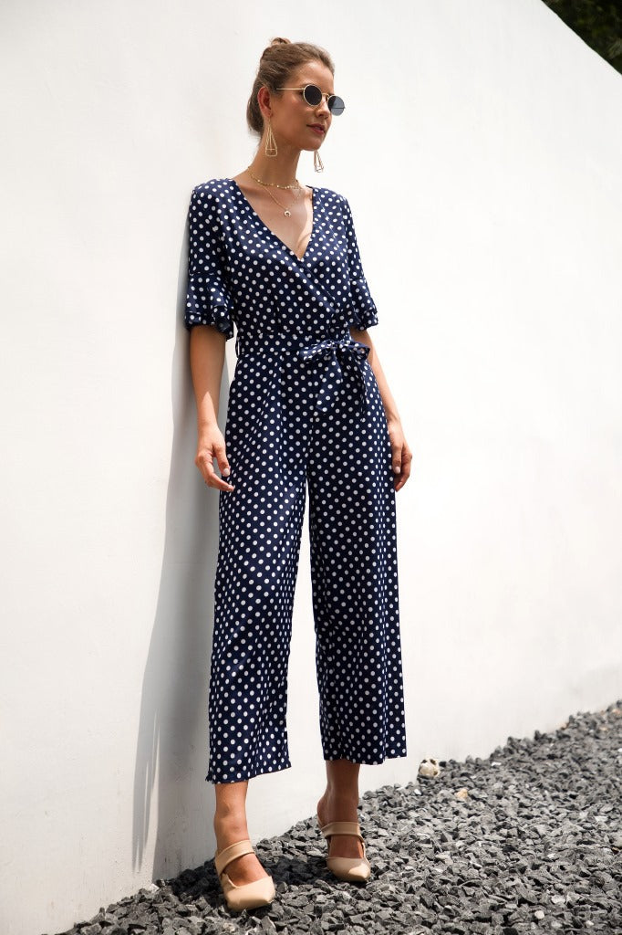 Ruffled Flared Sleeve Polka Dot Lace-up Jumpsuit V-neck Rompers