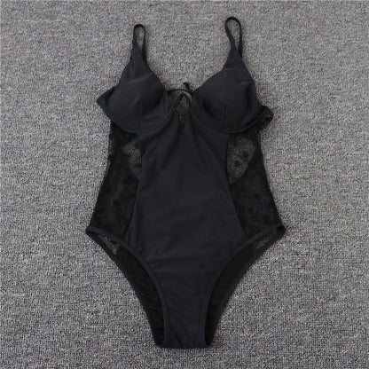 Deep-V Lace-up Bikini Polka Dot Gauze One-piece Swimwear