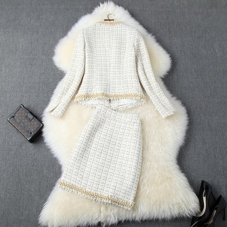 Single-breasted Tweed Blazers Mini A-line Skirt Suit Two-piece Set Blue Apricot