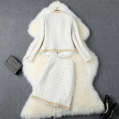 Single-breasted Tweed Blazers Mini A-line Skirt Suit Two-piece Set Blue Apricot