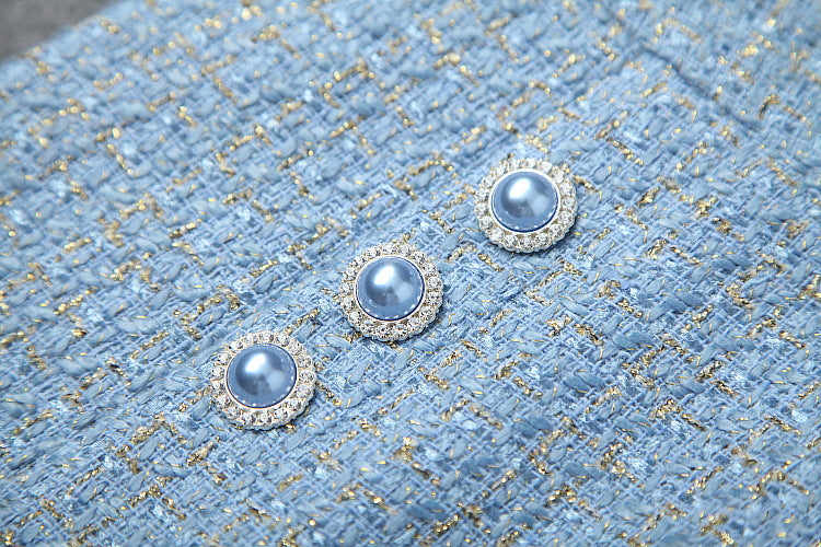 Single-breasted Tweed Blazers Mini A-line Skirt Suit Two-piece Set Blue Apricot